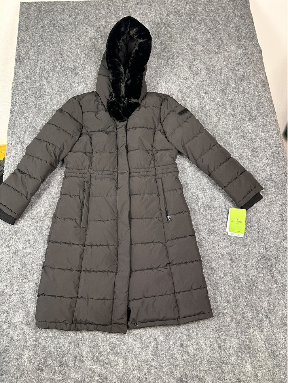 DKNY Black Puffer Coat with Faux Fur Hood and Recycled Insul